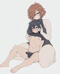 1boy age_difference ai_assisted bare_shoulders barefoot black_hair black_panties black_sweater blue_eyes blush breasts brown_hair bulge closed_mouth clothes_lift erection erection_under_clothes feet female female_on_femboy female_pubic_hair femboy femdom flying_sweatdrops full_body glasses grey_background hair_over_one_eye incest large_breasts looking_at_another male_pubic_hair mature_female navel nipples panties penis pubic_hair pubic_hair_peek purple_eyes ribbed_sweater ring shirt_lift short_hair simple_background sitting sleeveless sleeveless_sweater sleeveless_turtleneck smile sondu straight sweat sweater sweater_lift thighs toes trembling turtleneck turtleneck_sweater underwear