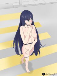 banouin_kareha banouin_kareha_(date_a_live) big_breasts blue_hair date_a_live date_a_live:_date_a_bullet dateabullet exhibition exhibitionism exhibitionist feet girl green_eyes kareha_banouin long_hair naked naked_female nipples sheong_wong shh street walking