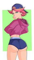 1girls alternate_version_available amanda_o'neill ass big_ass booty_shorts clothed female female_only green_eyes hoodie little_witch_academia looking_back orange_hair panties pink_hair shorts thighs tomboy two_tone_hair zankasen