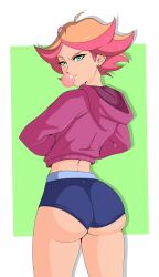 1girls alternate_version_available amanda_o'neill ass big_ass booty_shorts bubble_gum bubblegum clothed female female_only green_eyes gum hoodie little_witch_academia looking_back orange_hair panties pink_hair shorts thighs tomboy two_tone_hair zankasen