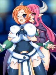 breasts disgaea disgaea_1 female groping groping_breasts groping_from_behind large_breasts magic_knight_(disgaea) nippon_ichi_software succubus succubus_(disgaea) succubus_horns succubus_wings yukari_ume yuri