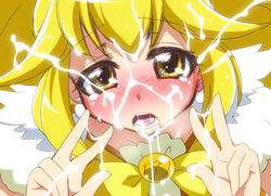 blonde_hair blush bow clothing cum cure_peace double_v face facial long_hair magical_girl mikagami_sou precure pretty_cure ribbon sketch smile_precure v yayoi_kise yellow_eyes yellow_theme