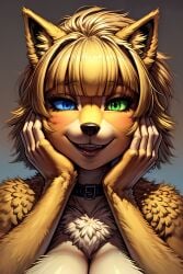 1girls ai_generated belladonna_tye_(scorpianpp) blonde_hair blue_eyes female fox_girl green_eyes heterochromia nine_tailed_fox ninetales original_character pokemon pokemon_(species) scorpianpp self_upload short_hair solo_female stable_diffusion tan_fur