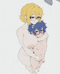 1boy age_difference ai_assisted bangs barefoot black-framed_eyewear blonde_hair blue_hair blush breasts closed_mouth collarbone completely_nude cum erection female female_on_femboy femboy femdom foreskin full_body glasses grey_background hair_between_eyes hair_ornament height_difference hug hug_from_behind huge_breasts inverted_nipples large_breasts navel nipples nude penis plump purple_eyes semi-rimless_eyewear short_hair shower_head showering simple_background skull_hair_ornament smile sondu standing straight testicles uncensored under-rim_eyewear water wet white_background