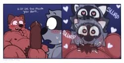ambiguous_gender anthro blush duo fellatio glizzy_gobbler heart_eyes heart_pupils heart_symbol hi_res male male/ambiguous mammal nighttime_fishy oliver_(ohmygoditguppy) onomatopoeia oral penile procyonid pubes raccoon sex sound_effects text william_(ohmygoditguppy)