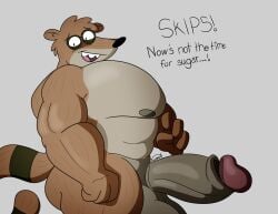 absurd_res anthro ass balls big_balls big_butt big_pecs big_penis don_(regular_show) foreskin genitals glistening hi_res huge_cock humanoid hyper male mammal muscular muscular_male nervous pecs penis possbooty possbutt procyonid raccoon solo thick_thighs