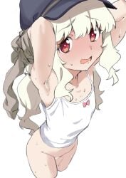 absurdres aoba_(blue_archive) armpit_hair armpits arms_behind_head arms_up black_hat blonde_armpit_hair blonde_hair blonde_pubic_hair blue_archive blush bottomless colored_armpit_hair colored_pubic_hair cropped_legs embarrassed female female_pubic_hair flat_chest furrowed_brow hat highres legs_together loli long_hair newsboy_cap no_panties open_mouth peaked_cap pubic_hair red_eyes shichimi_yutsuki simple_background solo sparse_pubic_hair standing sweat sweatdrop tank_top thighs undressing very_long_hair wavy_hair white_background white_tank_top