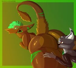 absurd_res anal anthro archenarie ass big_butt canid canine dragon hi_res hybrid kairos_(archenarie) male male/male mammal mythological_creature mythological_scalie mythology oral rimming scalie sergal sex