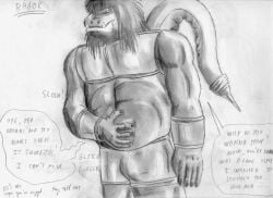 2005 belly belly_grab big_belly big_teeth bigbadbear bottomwear bulge character_name clothing dated dialogue digestion english_text fatal_vore forced graphite_(artwork) gurgle_(sound_effect) hand_on_belly humanoid humanoid_pred male may_(month) musclegut muscular orc rumbling_stomach sharp_teeth shorts signature slosh sloshing_belly smile solo speech_bubble tail talking_to_another talking_to_pred talking_to_prey teeth text traditional_media_(artwork) unwilling_prey vore willing_pred