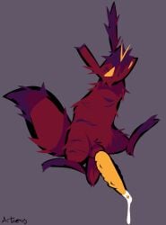 animal_genitalia artienvy artificer_(rain_world) ball_tuft balls big_penis bodily_fluids cum cum_drip dripping facial_scar feral fur genital_fluids genitals hi_res leg_scar male one_eye_closed penis purple_scar rain_world red_body red_fur scar scars_all_over sheath slugcat solo spread_legs spreading tapering_penis tapering_tail thigh_scar torn_ear tuft unimpressed vein veiny_penis videocult yellow_eyes yellow_penis
