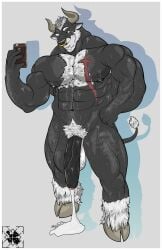 absurd_res anthro balls barazoku bighorn_breeding_co black_body black_penis bodily_fluids body_hair bovid bovine bull cattle chest_hair electronics facial_piercing facial_scar foreskin genital_fluids genitals grim_the_bull hair hi_res hooves humanoid_genitalia humanoid_penis male mammal muscular muscular_male nose_piercing nose_ring penis phone piercing precum pubes pwinter48 ring_piercing scar selfie solo sweat white_hair