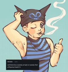 anime_boy armpit_fetish armpits danganronpa danganronpa_v3 detailed_armpit male male_only request ryoma_hoshi sleeveless smoking_cigarette sweatdrop sweating thumbs_up turtleneck_sweater video_game_character wafflesbun winking_at_viewer