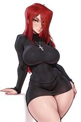 ai_generated arm_support bare_thighs big_breasts cross cross_necklace dress looking_at_viewer necklace parasoul red_hair skirt skullgirls thick_thighs thighs yellow_eyes