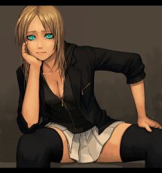 1girls 2008 :| absolute_territory aqua_eyes black_thighhighs blonde_hair blue_eyes bored cleavage female female_only frown jacket leaning_forward light-skinned_female light_skin medium_breasts mustard_seeds open_legs original_character pleated_skirt short_skirt simple_background sitting skirt solo spread_legs thick_thighs thighhighs yuuji_(and) zettai_ryouiki