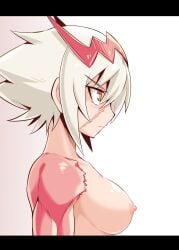 breasts cougar1404 dragon_marked_for_death empress_(dmfd) female horn medium_breasts nipples nude profile red_eyes red_scales scales scar scar_on_face short_hair solo topless_frame upper_body white_background white_hair