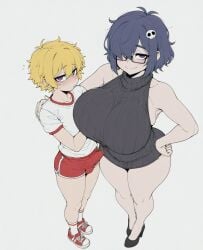 1boy age_difference ai_assisted bare_shoulders black_footwear black_hair black_sweater blonde_hair blue_hair blush breasts bulge closed_mouth dress erection erection_under_clothes female female_on_femboy femboy femdom full_body glasses grey_background gym_shorts gym_uniform hair_between_eyes hair_ornament hair_over_one_eye hand_on_another's_shoulder hand_on_hip height_difference high_heels huge_breasts looking_at_viewer mole purple_eyes red_footwear red_shorts ribbed_sweater semi-rimless_eyewear shirt shoes short_hair short_shorts short_sleeves shorts simple_background skull_hair_ornament sleeveless sleeveless_sweater smile sneakers socks sondu standing straight sweater thick_thighs thighs turtleneck turtleneck_sweater under-rim_eyewear white_background white_shirt