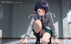 ai_generated black_eyes blush boku_no_hero_academia color colored female hell-pantsu jirou_kyouka kyoka_jiro my_hero_academia panties pantyshot purple_hair skirt small_breasts