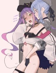 2girls absurdres ayeon black_choker black_gloves black_hat black_panties black_shirt blue_eyes blue_hair blush breasts choker closed_mouth covered_nipples demon_tail female fingering gloves green_eyes hat highres holoforce hololive hololive_gen_0 hololive_japan hoshimachi_suisei jacket korean_text long_hair multicolored_hair multiple_girls one_eye_closed panties panty_pull partially_fingerless_gloves pink_hair purple_hair reach-around redrawn shirt small_breasts smile streaked_hair sweat tail tokoyami_towa translated twintails underwear virtual_youtuber white_jacket yuri