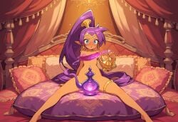 2025 ai_generated bare_midriff blue_eyes capcom deviantart female genie genie_girl genie_outfit genie_pants golden_bracelets golden_earrings golden_hairwear golden_headband golden_headwear holding_container holding_object kiaena meta purple_ponytail red_outfit red_pants red_shoes red_top shantae shantae_(character) wayforward