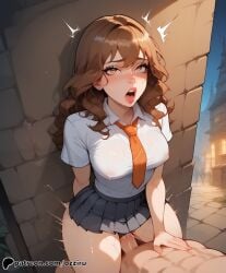 absurd_res ai_generated brown_hair cowgirl_position exhibitionism female harry_potter hermione_granger hi_res highres hogwarts ozziru patreon public_sex school_uniform schoolgirl self_upload sex uncensored witch witch_(harry_potter)
