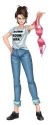 black_footwear blue_eyes blue_pants bra brown_hair cg clothes_writing deitra_(anti-bra)_(hentai_heroes) deitra_(hentai_heroes) denim female full_body glasses hand_on_own_hip hentai_heroes holding holding_bra holding_clothes holding_underwear jeans looking_at_viewer official_art pants pink_bra ponytail shirt shoes short_hair short_sleeves simple_background solo standing t-shirt underwear unworn_bra white_background white_shirt