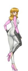 ass blonde_hair blue_eyes bodysuit breasts cg driver_attendant_(hentai_heroes) female fingerless_gloves flight_attendant_(hentai_heroes) full_body gloves hand_on_own_hip hentai_heroes high_heels long_hair looking_back official_art pink_footwear shoes simple_background skin_tight smile solo standing white_background