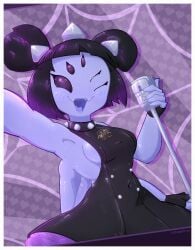 5_eyes blush_lines cute female looking_at_viewer microphone microphone_stand monster_girl muffet smile spider_girl spider_web undertale undertale_(series) walrustuba winking