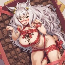 1girls ai_generated big_breasts biwa_hayahide_(umamusume) breasts cleavage female glasses horse_ears horse_girl large_breasts solo solo_focus umamusume umamusume_pretty_derby white_hair wide_hips yellow_eyes