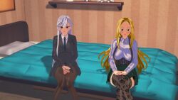 100_kanojo 2girls 3d bed bedroom blonde_female blonde_hair clothed crossed_legs eiai_nano female female_only grey_hair kimi_no_koto_ga_dai_dai_dai_dai_daisuki_na_100-nin_no_kanojo koikatsu looking_at_viewer panties sitting sitting_on_bed skirt stockings tagme the_100_girlfriends_who_really_really_really_really_really_love_you utsukushisugi_mimimi