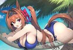 ai_generated animal_ears bikini breasts daiwa_scarlet_(umamusume) female hammock hips horse_girl pussy red_eyes ribbon_in_hair tiara twintails umamusume umamusume_pretty_derby