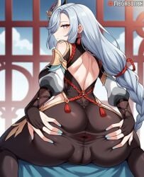 ai_generated anus ass ass_focus back bangs black_bodysuit black_gloves blue_eyes blue_nails blue_sky blush bodysuit braid braided_ponytail breasts cameltoe clothing_cutout earrings female from_behind genshin_impact gloves grey_hair hair_ornament hair_over_one_eye hip_vent hoyoverse huge_ass jewelry large_breasts long_hair long_sleeves looking_at_viewer looking_back megasonek mihoyo nail_polish partially_fingerless_gloves patreon_username puffy_long_sleeves puffy_sleeves shenhe_(genshin_impact) sitting sky solo spread_anus spread_ass thighs very_long_hair watermark