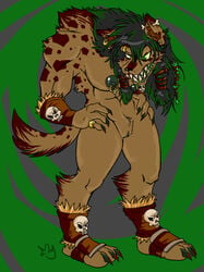 abs anthro biceps breasts canine fangs female fur furry gnoll hunchback muscles muscular_female nipple_piercing nipples piercing pussy sideboob skull solo spots teeth