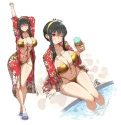 arm_up bikini black_hair breasts closed_eyes commentary cowboy_shot english_commentary eyepatch_bikini female gold_bikini gold_hairband golden_bikini hairband jk_arts jk_arts07 large_breasts legs_in_water navel pool short_hair smile solo spy_x_family stomach swimsuit swimsuit_cover-up thighs twitter_username winking winking_at_viewer yor_briar yor_forger