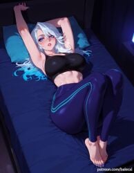ai_generated armpits arms_up ashe_(league_of_legends) balecxi barefoot black_sports_bra blue_eyes blue_hair blue_nails feet female indoors knees_up large_breasts league_of_legends legs long_hair looking_at_viewer lying multicolored_hair nail_polish on_back parted_lips patreon_username pillow solo sports_bra sweat thick_thighs tight_clothes tight_pants toenail_polish toenails toes white_hair yoga_pants