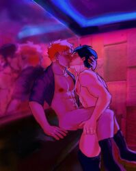 2boys abs bathroom biceps black_hair haikyuu!! kissing male male/male muscles muscular muscular_male nipples orange_hair pecs pectorals pink_nipples sex shoyo_hinata tobio_kageyama yaoi young younger_male zumiiwa