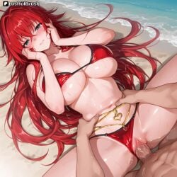 ai_generated beach bikini breasts evening female hand_on_face high_school_dxd huge_breasts legs_spread lustfulbrush lying_on_back missionary_position perfect_body rias_gremory sunset waist_grab