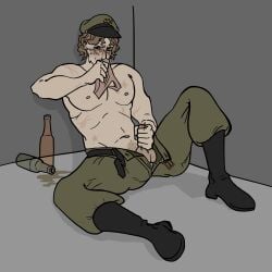 blonde_hair blonde_hair_male drunk fear_and_hunger fear_and_hunger:_termina giixiee male male_only masturbation panties pav_(fear_and_hunger) pavel_yudin penis pubes scars sniffing sniffing_clothes soldier uniform