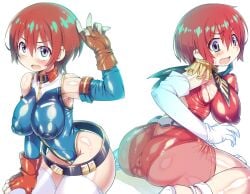 amate_yuzuriha armpits ass belt blue_eyes blue_leotard blue_sleeves blush blush_stickers breasts butt_crack cameltoe covered_anus covered_nipples covered_pussy elbow_gloves epaulettes female from_behind gloves gundam gundam_gquuuuuux hair_between_eyes hand_on_own_thigh kanibasami large_breasts leotard looking_at_viewer multiple_views open_mouth partially_fingerless_gloves red_gloves red_hair red_leotard sandals sideboob simple_background sitting skin_tight sweatdrop thighhighs wariza white_background white_gloves white_sandals white_thighhighs