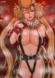 blonde_hair breasts cowboy_hat large_breasts papepox2 pubic_hair sling_bikini smile wink