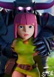 1boy 1girls accurate_art_style archer_(clash_of_clans) archer_(clash_royale) blue_eyes clash_(series) clash_of_clans clash_royale dress female groping groping_breasts hd male pink_hair sadedade