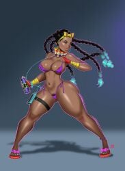 bandana bikini bikini_bottom bikini_top braided_hair dan3b dark-skinned_female dark_skin feet hair_ornament kimberly_jackson long_hair pubic_hair purple_bikini sandles spray_can street_fighter street_fighter_6 two_tone_hair