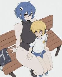 1boy age_difference ai_assisted bag bangs bare_shoulders bench black-framed_eyewear black_nails blonde_hair blue_footwear blue_hair blue_shorts blush breasts bulge closed_mouth erection_under_clothes female female_on_femboy femboy femdom glasses gym_uniform hair_between_eyes hair_ornament hand_on_another's_shoulder height_difference highleg highleg_leotard huge_breasts large_breasts leotard looking_at_viewer nail_polish purple_eyes shirt shoes short_hair short_shorts short_sleeves shorts sidelocks simple_background sitting skull_hair_ornament sleeveless sleeveless_turtleneck smile sneakers socks sondu straight sweater thick_thighs thighs turtleneck white_background