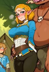 !? /// 1girls 2025 2boys 2d ai_generated arched_back blonde blonde_female blonde_hair blonde_hair_female blushing_ears blushing_female bokoblin bulge_under_clothes cowboy_shot dirty_blonde dirty_blonde_hair erect_nipples_under_clothes fantasy female goblin hand_on_another's_hip hand_on_hand high_collar hylian hylian_ears imminent_netorare imminent_ntr imminent_sex interracial link link_(breath_of_the_wild) looking_back_at_partner male monster monster_on_female princess_zelda red_skinned_male short_blonde_hair short_braided_hair short_hair_female skull_necklace slim_girl slim_waist sweat sweatdrop sweating_female sweating_profusely tent the_legend_of_zelda the_legend_of_zelda:_breath_of_the_wild the_legend_of_zelda:_tears_of_the_kingdom tree ugly_man unseen_male_face wet wet_pussy wide_hips yumerush