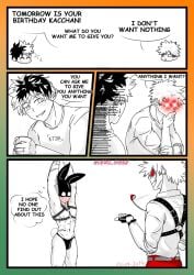 4koma armpits bakudeku bakugou_katsuki bare_legs birthday birthday_present blush boku_no_hero_academia bones_(company) bunny_mask bunny_tail curly_hair english_text evil_eyes evil_grin evil_smile freckles freckles_on_ass frizzy_hair grin izuku_midoriya katsuki_bakugou legs masochism messy_hair midoriya_izuku muscular pectorals present sado_masochism scar scar_on_arm scar_on_bodyabs shounen_jump smile spiked_hair teen teenage teenage_boy teenager thong vero_gisse whip yaoi