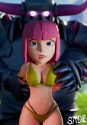 1girl1boy accurate_art_style archer_(clash_of_clans) archer_(clash_royale) blue_eyes breast_grab breasts breasts_out clash_(series) clash_of_clans clash_royale female groping groping_breasts hd lingerie male pantyshot pink_hair sadedade scared scared_expression