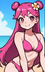 1girls ai_generated ai_generated_background ami_onuki background beach beach_background bikini cartoon_network female flower flower_in_hair hi_hi_puffy_amiyumi pink_bikini pink_eyes pink_hair warner_brothers