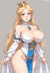 ai_generated bangs bare_shoulders blonde_hair blue_eyes blush breasts brooch cleavage closed_mouth clothing crown detached_collar detached_sleeves dress earrings female female female_only forehead gem headwear jewelry jousneystudio large_breasts lips long_hair long_sleeves looking_at_viewer mario_(series) nintendo pelvic_curtain princess princess_peach smile solo standing thick_thighs thighs tiara white_dress wide_hips