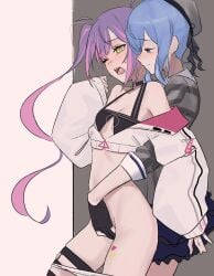 2girls absurdres ayeon black_choker black_gloves blue_hair blush breasts choker closed_mouth female fingering gloves green_eyes grey_hair grey_hat hat heart highres holoforce hololive hololive_gen_0 hololive_japan hoshimachi_suisei jacket long_hair long_sleeves multiple_girls o-ring o-ring_choker one_eye_closed open_mouth panties panty_pull partially_fingerless_gloves purple_hair reach-around sleeves_past_wrists small_breasts smile sweat thigh_strap tokoyami_towa twintails underwear virtual_youtuber white_jacket white_panties yuri
