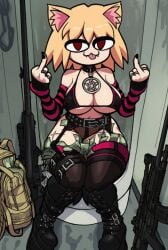 1girls 2d ai ai_assisted ai_generated bathroom big_hips boots female fishnets goth gothic hot money money_bag money_under_clothes neco-arc outline red_eyes rifle satanic satanist striped_body stripes tsukihime weapons