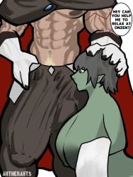 1boy1girl armpit_hair artherarts balls_outline big_balls big_breasts big_bulge big_penis black_areola blonde_hair blonde_hair_male breasts brown_eyes brown_pants bulge bulge_through_clothing bulge_under_clothes cape clothed clothed_male clothed_male_nude_female dragon_humanoid english_dialogue english_text female gloves goblin goblin_female green_skin grey_hair hand_on_head hand_on_waist hand_under_pants hobgoblin humanoid humanoid_male looking_at_penis looking_down male male_humanoid male_nipples massive_bulge muscles non-human_penis non_human_genitalia nude_female out_of_frame out_of_frame_male pants penis penis_outline pubic_hair red_markings spiked_glans spikes_(anatomy) tensei_shitara_slime_datta_ken towel towel_only veldora_tempest visible_abs visible_penis_shape watermark white_gloves
